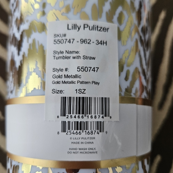 Lilly Pulitzer Tumbler With Straw in Gold Metallic Pattern Play NWT - Picture 4 of 5
